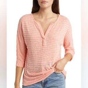 Caslon Stripe Split Neck Top in Coral- White NWOT